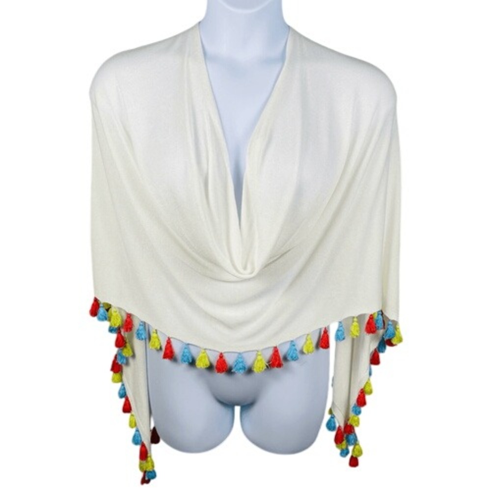 Peck & Peck Fiesta Pom Pom Poncho Cowl Neck Off White One Size